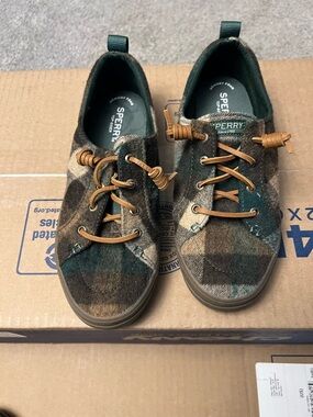 Sperry Plaid Wool Slip-On Sneakers in Brown and Green